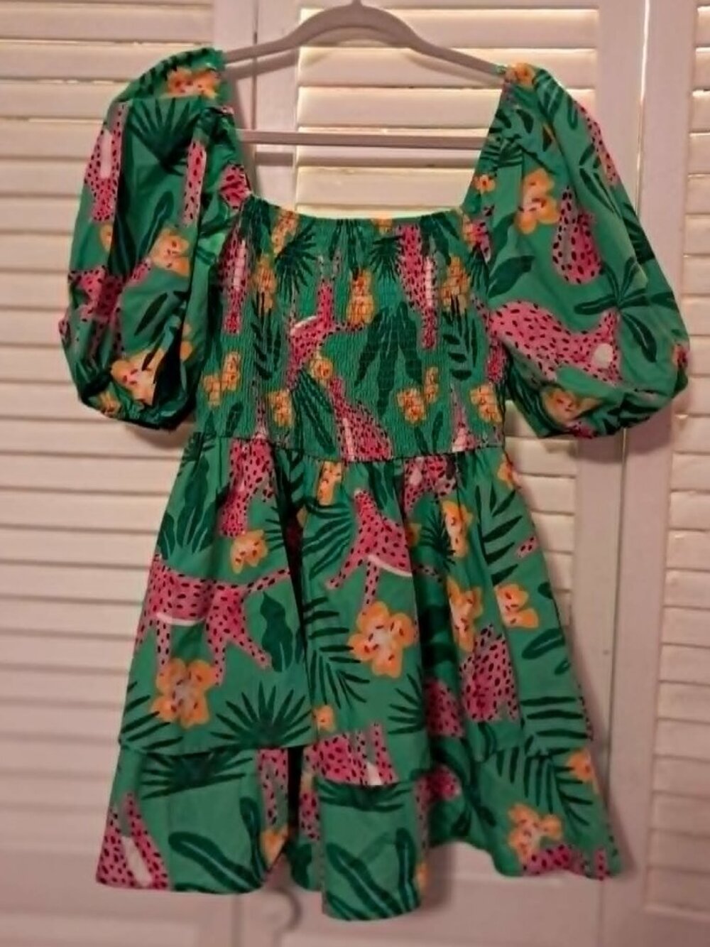 PEACH LOVE GREEN PINK LEOPARD TROPICAL ROMPER MEDIUM